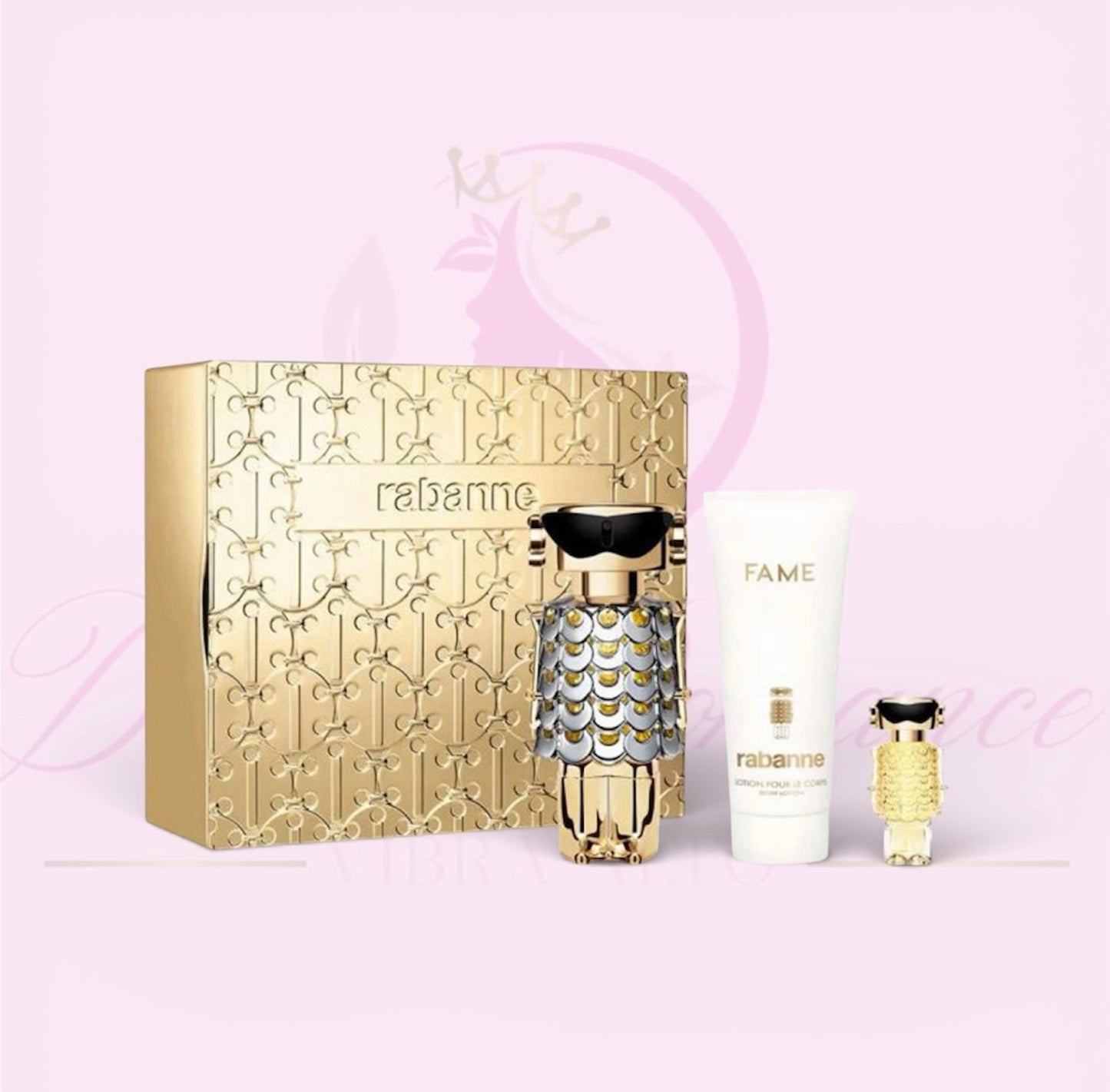 Perfume para mujer Fame(one million Paco Rabanne ) 2.7oz Eau de Parfum, 0.14oz Eau de Parfum Travel Spray & 3.4oz Body Lotion Gift Set (Precio solo perfume $158)